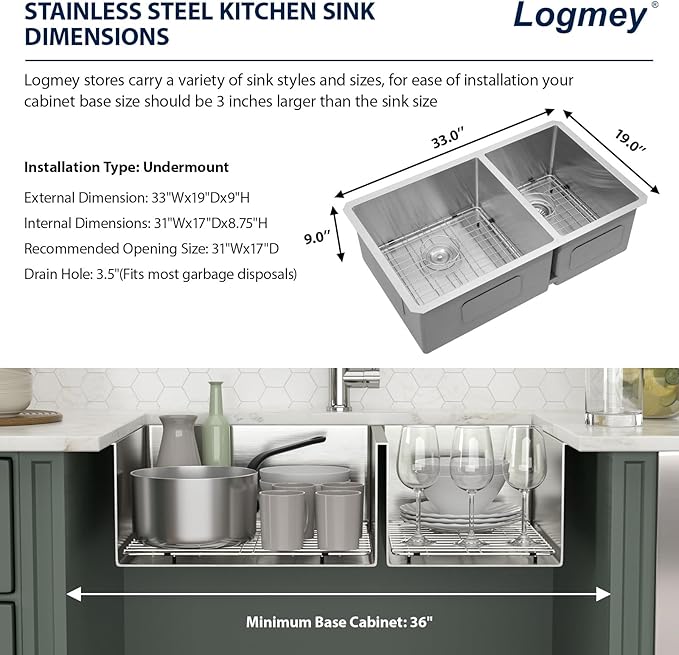 Logmey 33 Double Undermount Kitchen Sink - 33x19 Inch Bowl Kitchen Sinks 60/40 16 Gauge Stainless Steel 33x19x9 In