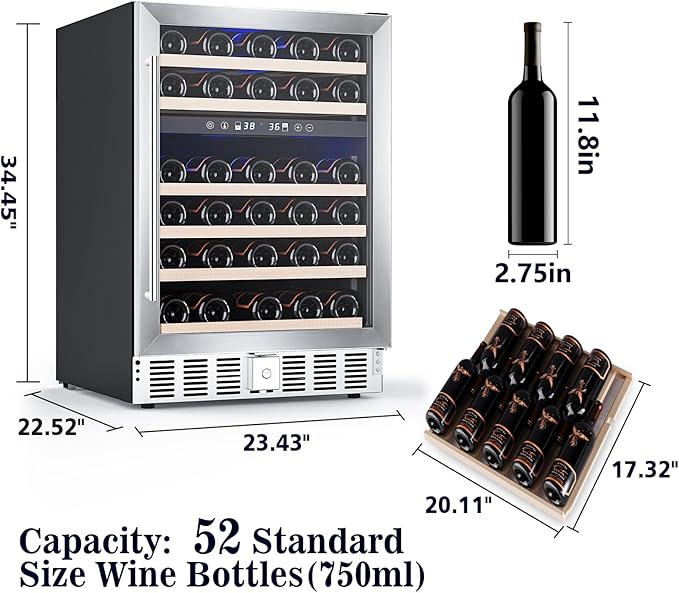 52 Bottle Wine Fridge with Lock, 24 Inch Wine Refrigerator for Red, White, Champagne, Beer, Dual Temperature Zone, Built-In or Freestanding, Wood Shelves, Stainless Steel Glass Door