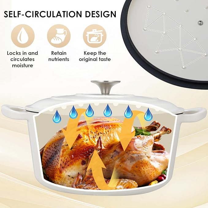 LIFERUN 6 Qt Enameled Cast Iron Dutch Oven Pot with Lid，Oven Safe up to 500° F, Heavy-Duty Non-Stick Dutch Oven with Dual Handles for Bread Baking, Fry Foods, Braising, Stews, Roasting (White)