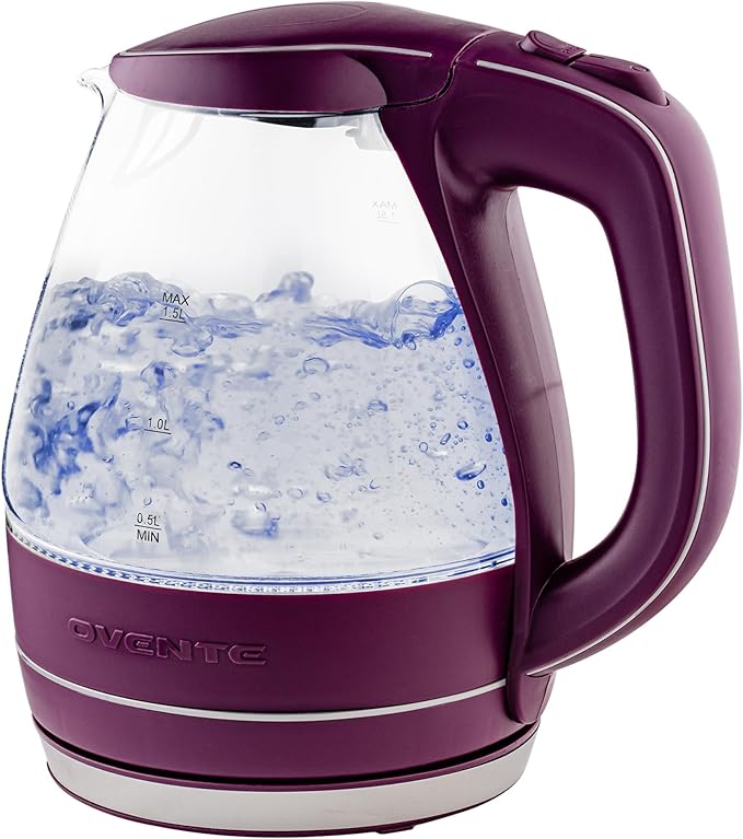 OVENTE Electric Kettle, 1.5L Borosilicate Glass Countertop Water Heater and Boiler for Coffee or Tea, BPA-Free, Auto Shut-Off, Boil-Dry Protection, Removable and Washable Spout Filter, Purple KG83P