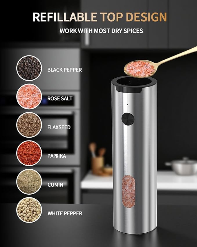 CIRCLE JOY Electric Salt and Pepper Grinder Set, Stainless Steel Rechargeable Pepper Mill Set with Charging Base, 110ML Top-Fill, Adjustable Coarseness, LED Light, One-Hand Operation, Gift Idea