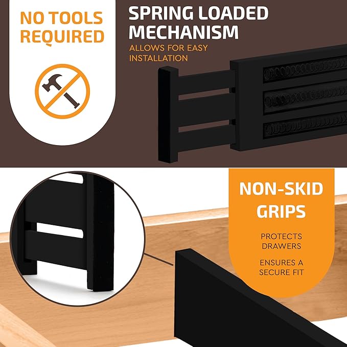 6 Pack Drawer Dividers 6 Inch High, 11”-17" Adjustable Bamboo Organizers Large Expandable Drawer Separators for Cloths, Dresser, Bedroom, Bathroom, Baby Drawer, Office & Kitchen Utensils (Black)