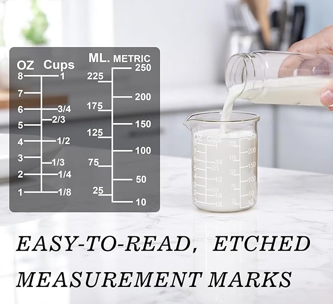 Ackers Etching Scale Glass Measuring Cup Set-V-Shaped Spout，Includes 60ml(2OZ), 120ml(4OZ), and 250ml(8OZ) Glass Measuring Beaker for Kitchen or Restaurant, Easy to Read