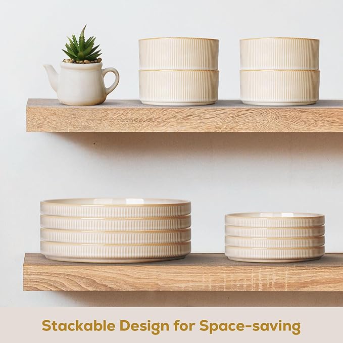 Romswi Ceramic 18Pcs Dinnerware Sets,Stoneware Plates and Bowls Set for 6, Chip & Scratch Resistant Ribbed Dish Set, Handmade Reactive Glaze, Oven, Microwave & Dishwasher Safe, Cappuccino White