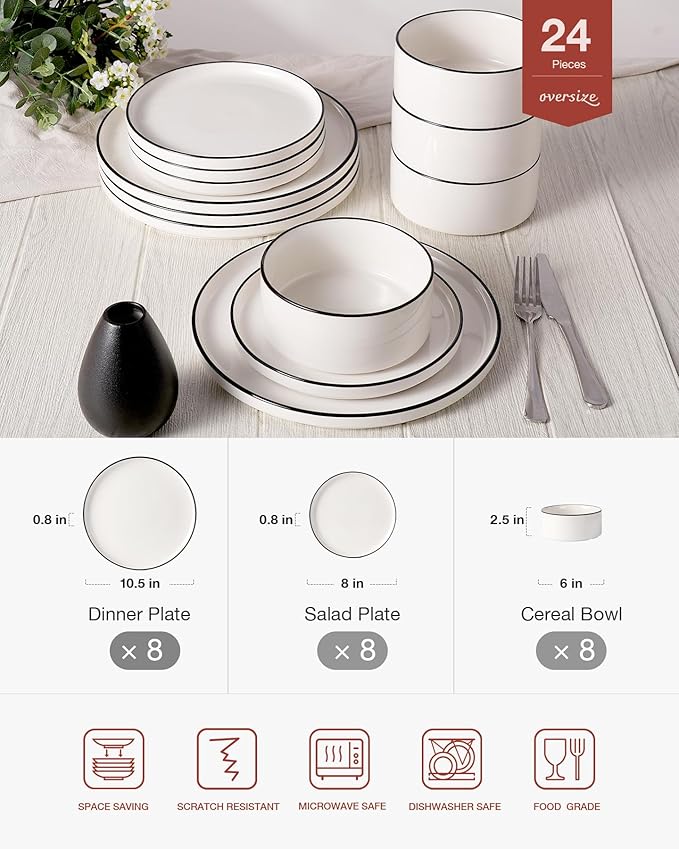 Famiware Porcelain Dinnerware Set, 24-Piece Modern Plate and Bowl Set, dish set for 8, Microwave and Dishwasher Safe Tableware, White with Black Trim