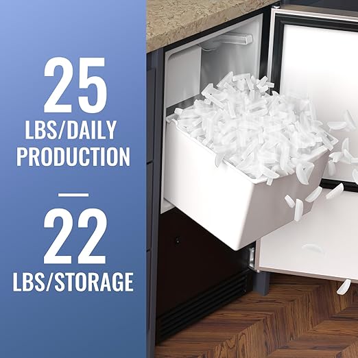 Under Counter Crescent Ice Maker Machine, 15'' W Drainless Built-in Ice Maker, 25 LBS/Day with 22 LBS Storage Bin, Perfect for Commercial Home Bar, No Drain