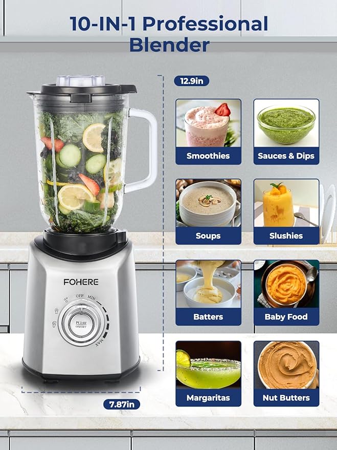 FOHERE Professional Blender Peak 1200W, Countertop Blender with 3 Presets＆ 5 Speeds for Smoothies, Shakes, and Frozen Drinks, 50 Oz Glass Jar ＆20 Oz Tritan Jug