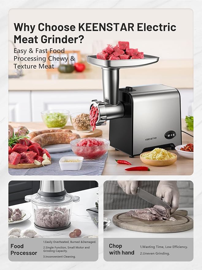 Electric Meat Grinder, Sausage Stuffer Maker 450W Food Grinder with Blade & 3 Plates, Sausage Stuffer Tubes & Kubbe Kit, Stainless Steel Meat Mincer Machine for Home Kitchen Use