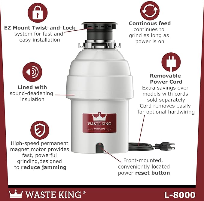 Waste King Garbage Disposal for Kitchen Sink with Power Cord, Food Waste Disposer, L-8000