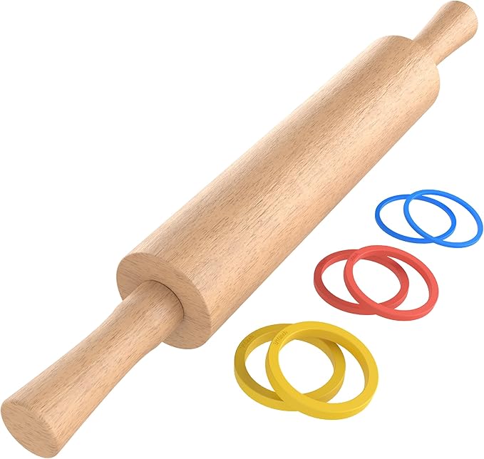 Classic Wooden Rolling Pin with Handle for Fondant, Pizza, Pies, Cookies, Pastries, Rolling Pin for Baking with 3 Multi-Color Thickness Rings, 17"x2.5" (Include handle) Beechwood Rolling Pin