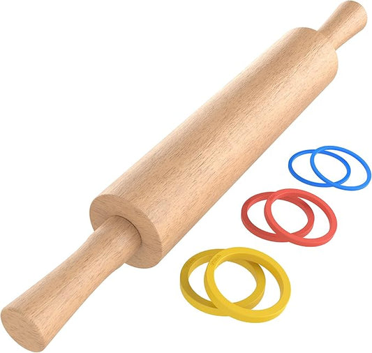 Classic Wooden Rolling Pin with Handle for Fondant, Pizza, Pies, Cookies, Pastries, Rolling Pin for Baking with 3 Multi-Color Thickness Rings, 17"x2.5" (Include handle) Beechwood Rolling Pin