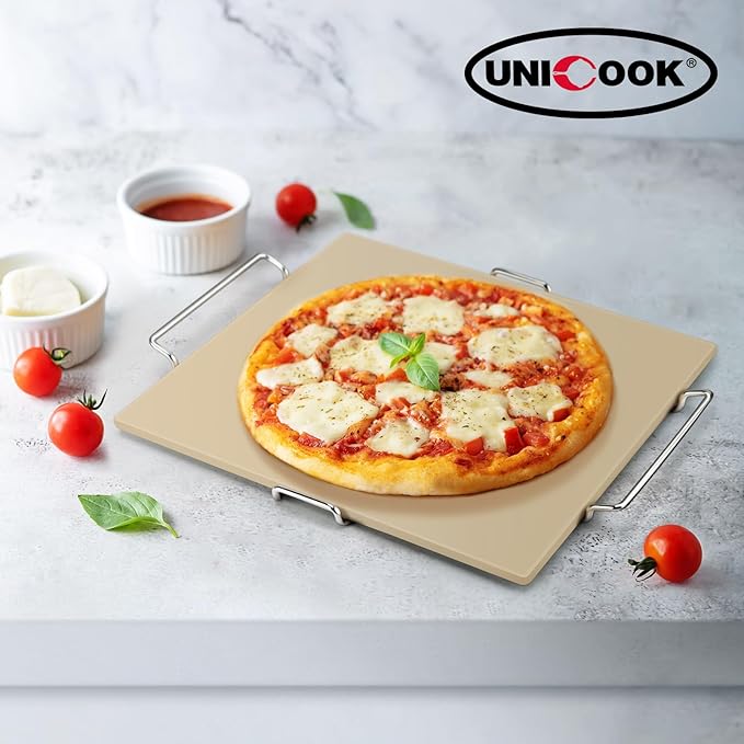 Unicook Pizza Stone for Oven and Grill, 16 x 14 Inch Rectangular Baking Stone for Bread, Cordierite Pizza Pan for Baking Crispy Bread and Cookies, Includes Carry Rack and Dough Scraper