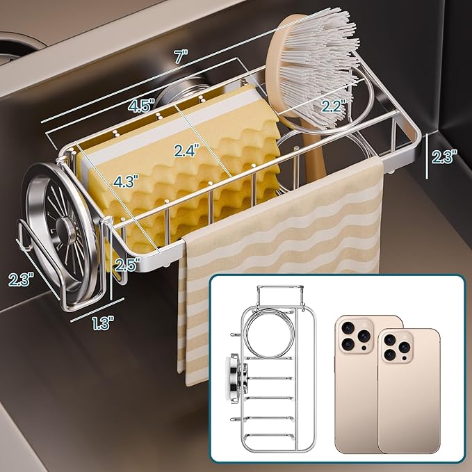 TAILI 4-in-1 Rustproof Sink Caddy & Sponge Holder with Removable Strong Suction Cup for Kitchen Sink - Silver