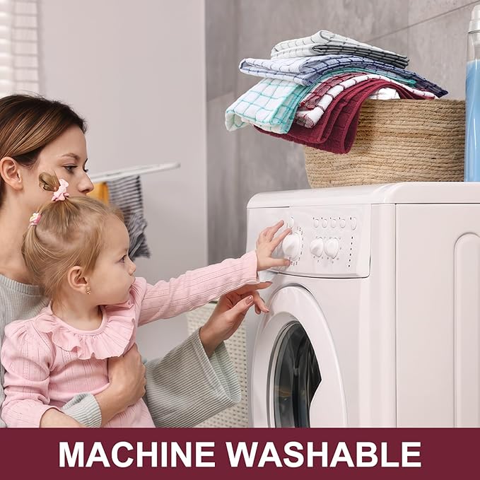 Homaxy Premium Cotton Kitchen Towels 16"x 28", Large Natural Ring Spun 390 GSM Dish Towels, Super Absorbent Terry Kitchen Hand Towels, Soft Tea Towel with Hanging Loop, Red Check Design,6 Pack