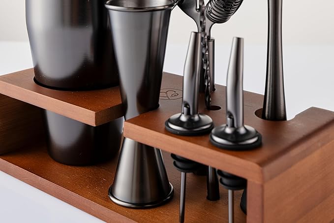 Mint & Mortar Cocktail Shaker Set, 7-Piece Bartender Kit with Stand, 24oz Martini Shaker Bottle Stainless Steel Bar Tools, Home Bar Accessories Drink Mixer, Barware Gift Set - Gunmetal