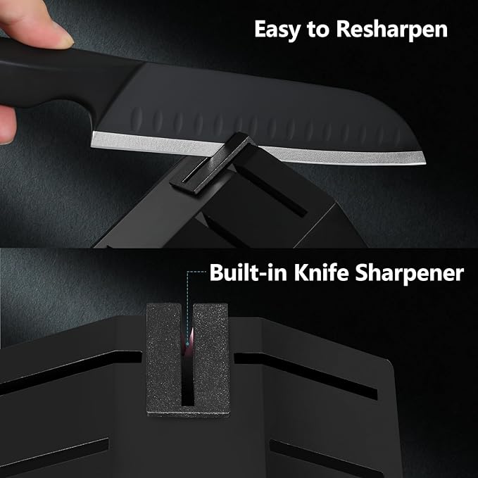 Kuisine Premium Knife Set,One-piece Steel Molding,High Carbon Stainless Steel Ultra Sharp,Non-slip Ergonomic Solid Steel Handle,Built-in Sharpener Knife Block Set,Luxury Gift(15PCS,BlackPro EX)