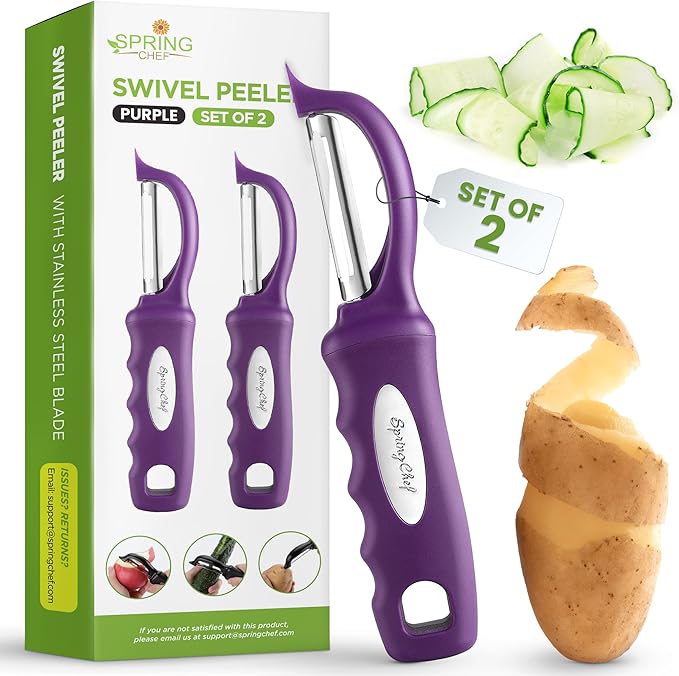 Spring Chef Professional Purple Swivel Potato Peelers for Kitchen, Stainless Steel Veggie Peeler with Soft Grip Handle, Dishwasher Safe, Grate for Peeling Apple, Fruit, Carrot, Cucumber, Purple