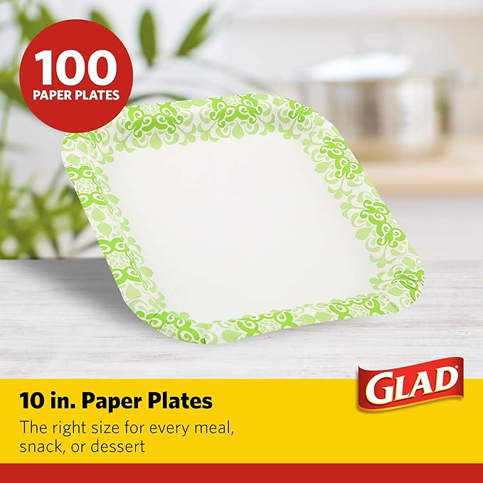 Glad Square Disposable Paper Plates, Green Victorian Pattern - Strong, Sturdy, Soak Proof, and Microwavable Decorative Plates for Dinner and Everyday Use, 10 Inch, 100 Count