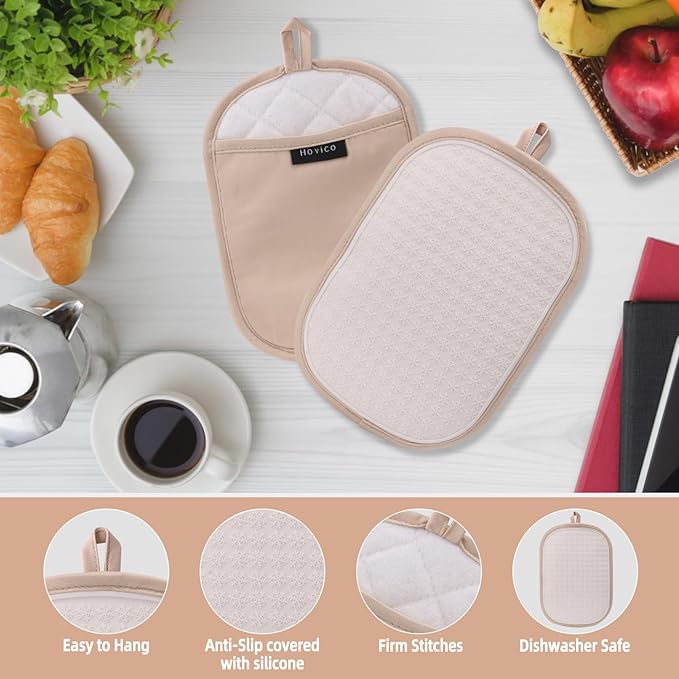 Hovico 2PCS Silicone Pot Holders, Oven Mitts Heat Resistant Hot Pads with Pockets, Non Slip Pot Holder for Kitchen Baking and Cooking| 9.8 x 7 Inches | Towel Cloth Interior Lining - Milkshake