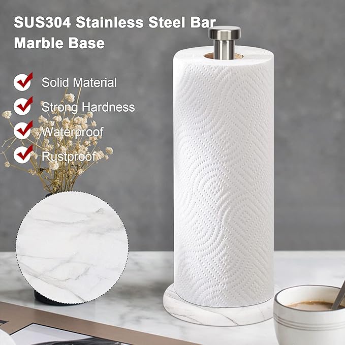 NearMoon Standing Paper Towel Holder, Kitchen Paper Towel Tissue Holder- for Bathroom Kitchen Countertop, Standard or Jumbo-Sized Roll Paper (with Marble Base, Brushed Nickel)
