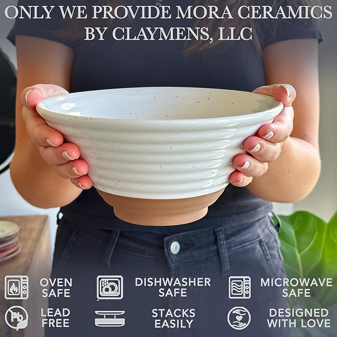 MORA Ceramic Ramen Bowl Set of 2, 45oz - Great for Pho, Miso Udon Soup, Instant Noodles, Serving, Thai or Asian Food - Microwave Safe Large Japanese Noodle Bowls, Modern Kitchen - Vanilla White