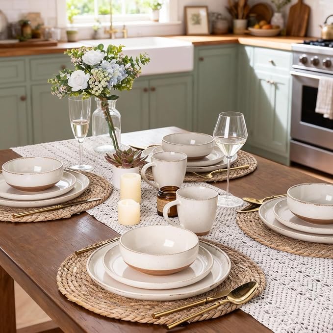 AmorArc Ceramic Dinnerware Sets for 4, 12 Pieces Handpainted Plates and Bowls Set with Rustic Terracotta Underside, Scratch Resistant Stoneware Dishes Set, Dishwasher & Microwave Safe, Beige