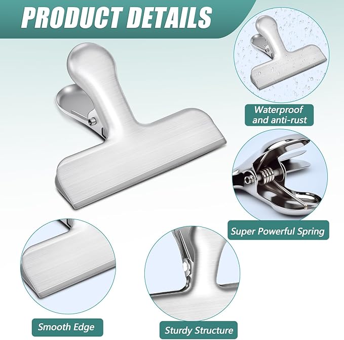 Bag Clips, 10 Pack Stainless Steel Chip Clips for Food, Food Clips Heavy Duty Clamp Clips Kitchen Clips Snack Clips for Office Kitchen Home