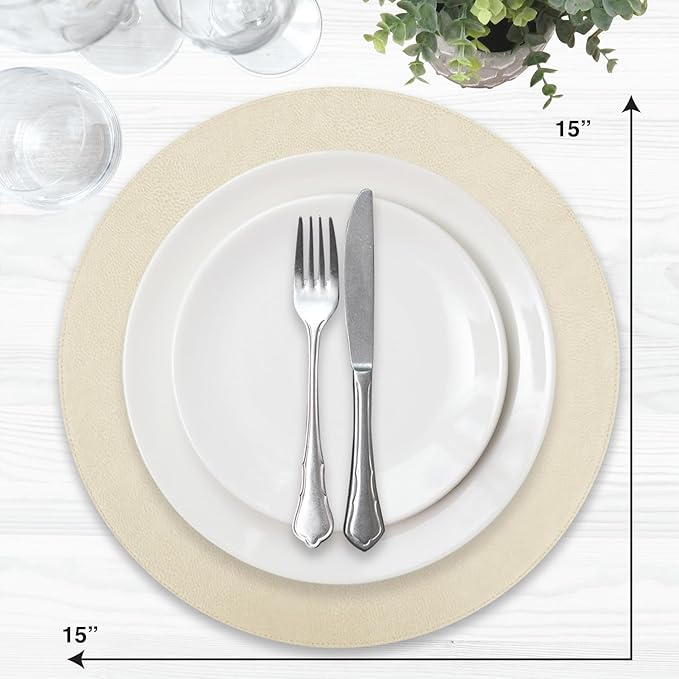 Placemats Set of 6 – Round 15” Faux Leather Table Mats for Dining, Heat Resistant & Non-Slip Washable Table Decor, Indoor, Outdoor, Dining Table Set for 6, Modern Kitchen & Holiday Use, Beige