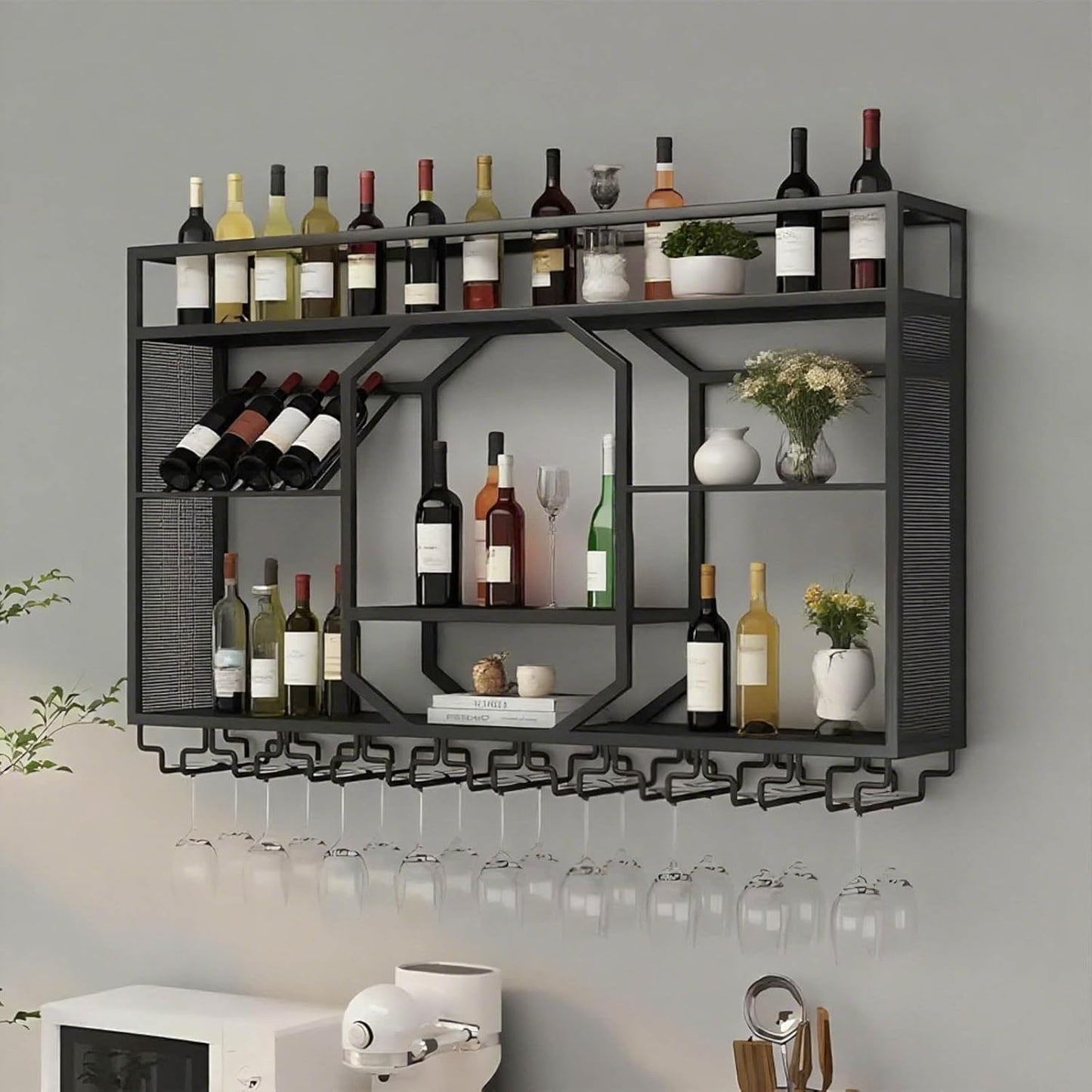 Wall Mounted Wine Rack, 3-Tiers Metal Bar Bottle Holder, Modern Wine Glass Storage Display Shelves, Wall Wine Rack for Kitchen Bar Dining Rooms Decoration ﻿ (Black, 63in/160cm)