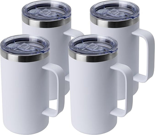 DOMICARE 24oz Mug with Handle and Lid, Stainless Steel Coffee Mug, Travel Mug with Handle, Double Wall Vacuum Coffee Tumbler, Reusable Insulated Cup, White, Pack 4
