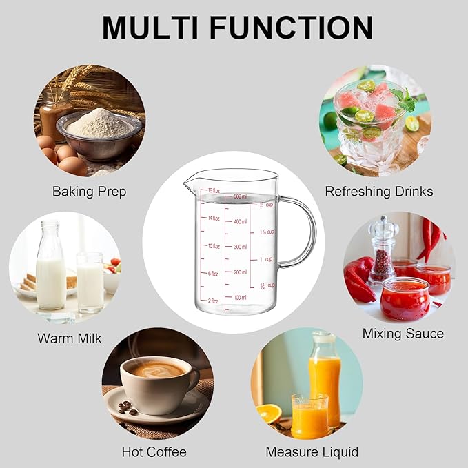 Luvan 18OZ/500ML Glass Measuring Cup, 2 Cup Glass Measuring Cups With 3 Scales (Ml/Oz/Cup), High Borosilicate Measuring Cup With Handle and V-Shaped Spout, Dishwasher/Freezer/Microwave Safe