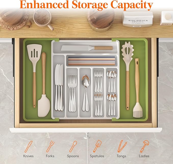 Lifewit Silverware Drawer Organizer, Expandable Utensil Organizer for Kitchen Drawers, Adjustable Cutlery and Flatware Tray, Plastic Spoons Forks Knives Holder Storage Dividers, Large, Green&White