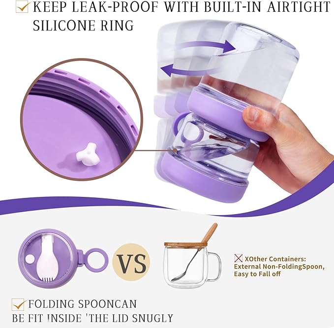 Container Food Overnight Oats Containers with Lids, Folding Spoons 26 oz Plastic Mason Jars Containers with Lids Portable Cereal and Milk Container on The Go (purple Oatmeal Cup)