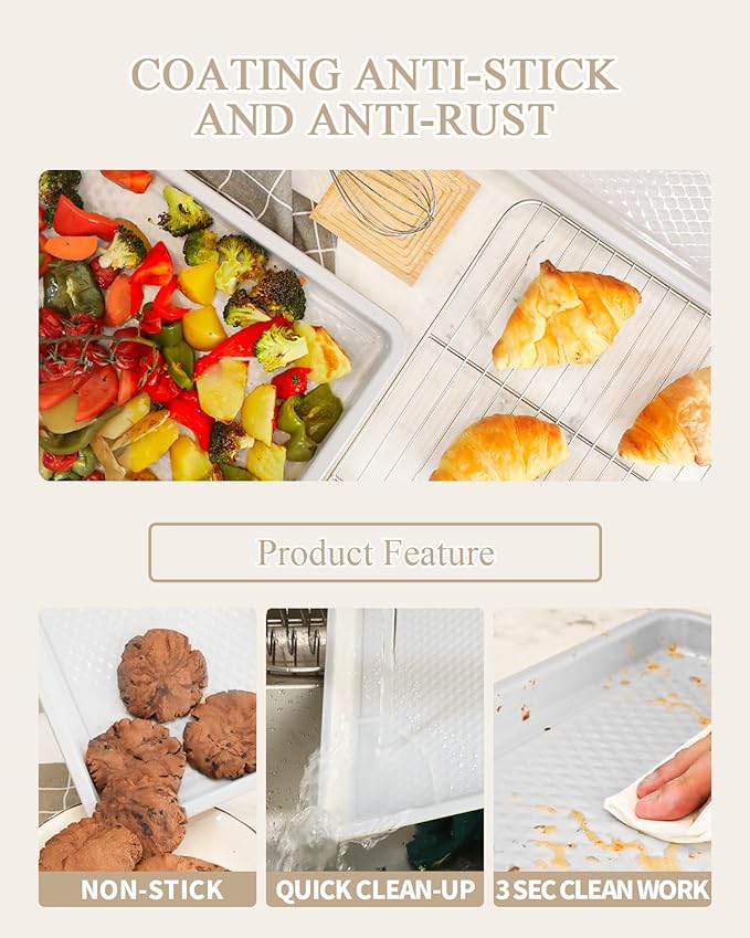 Nonstick Ceramic Baking Sheet With Rack, 2-Pack Half Sheet Pan, Non-Toxic, PTFE & PFOA Free, Warp-Free, Oven Safe 550°F, Dishwasher Safe, Aluminized Steel, Gray Yellow