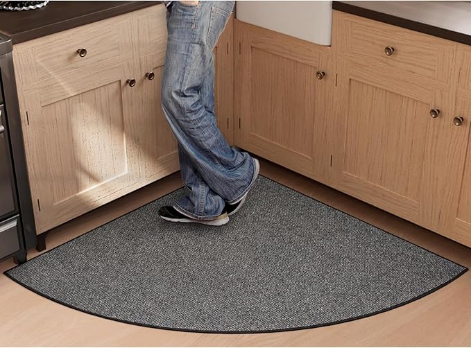 Fan Shaped Kitchen Mat 1 PCS, Cushioned Non Slip Rugs for Kitchen Floor, Absorbent Runner Comfort Standing Mats Washable for Kitchen, Office, Home (Black, Radius 47")