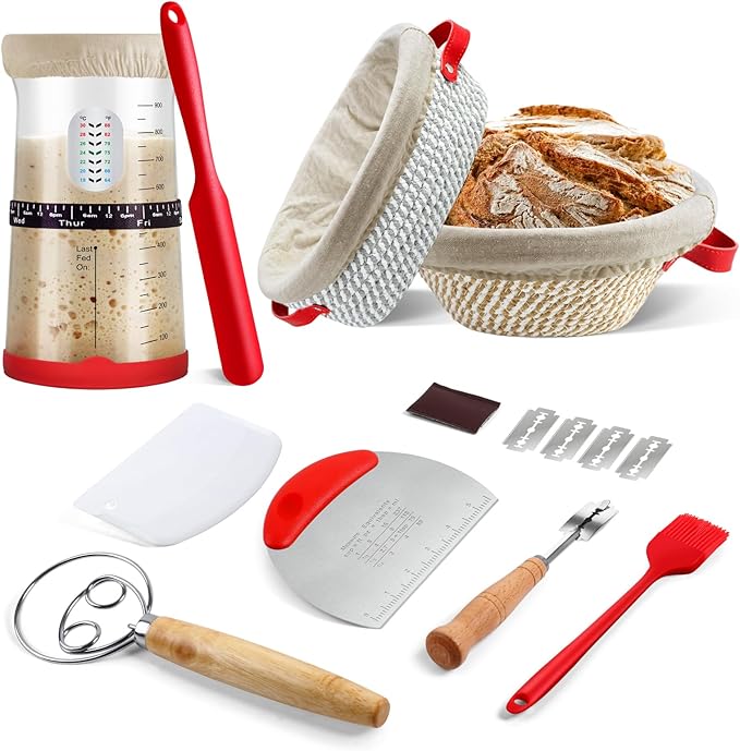 Sourdough Starter Kit,Gift for Bakers Sourdough Bread Baking Supplies,34oz Starter Jar, 2 Cotton Rope Proofing Baskets & More for Sourdough Starter Bread Making Baking Fermentation