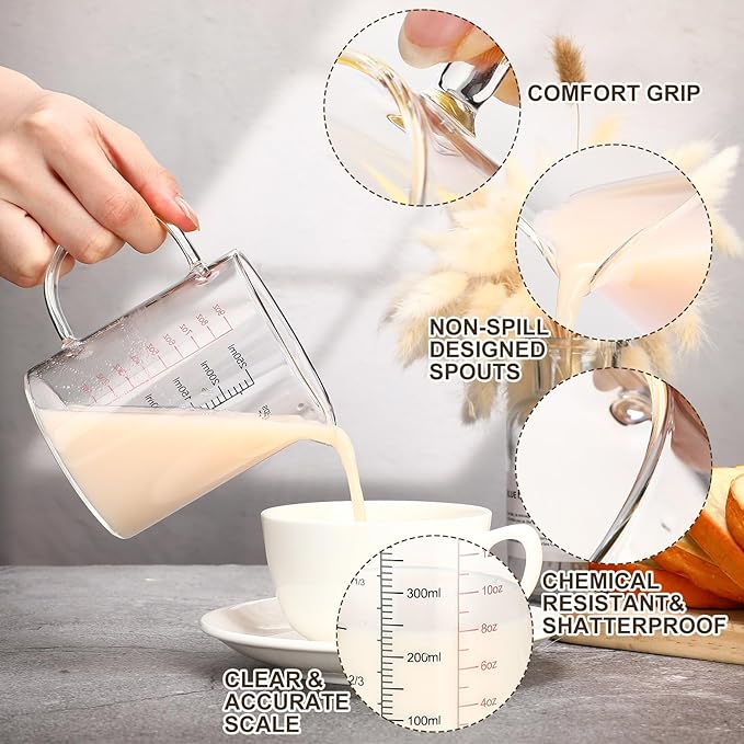 Lallisa 3 Pack High Borosilicate Glass Measuring Cups Set with Handle V Shaped Spout, 4, 2, 1 Cup 3 Scales (Oz, Cup, Ml) for Kitchen Restaurant Baking Cooking, Easy to Read, Clear(Black, Red Scale)