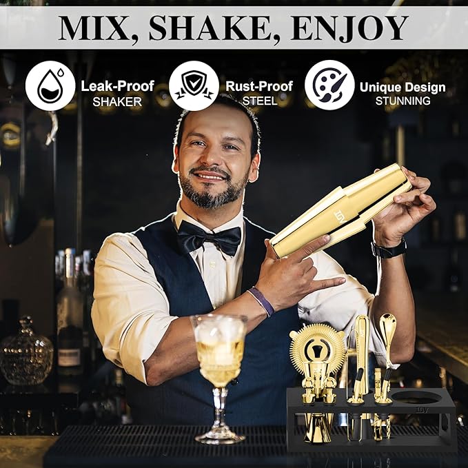 IOV Cocktail Shaker Set: 12-Piece Mixology Bartender Kit Bar Set | 18oz & 28oz Boston Shaker Drink Mixing Tools for Home with Recipe Booklet and Stand | Fun Housewarming Gift (Gold)