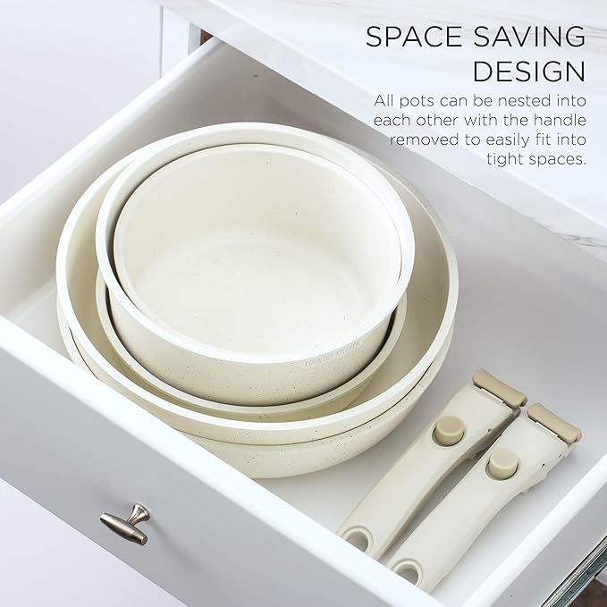 Country Kitchen Cookware Set with Removable Handle, Oven & RV Safe Pots and Pans Set, Cream, Deluxe Larger Set