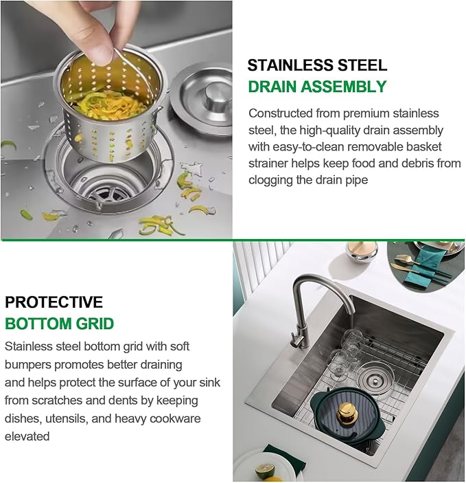 Kitchen Sink, 22 x 18 Inch Drop in Sink, 304 Stainless Steel Kitchen Sink, Centre-Offset Drain, 9" Deep Single Bowl, Topmount Installation, Brushed(Inclued Drain Strainer & Bottom Grid)