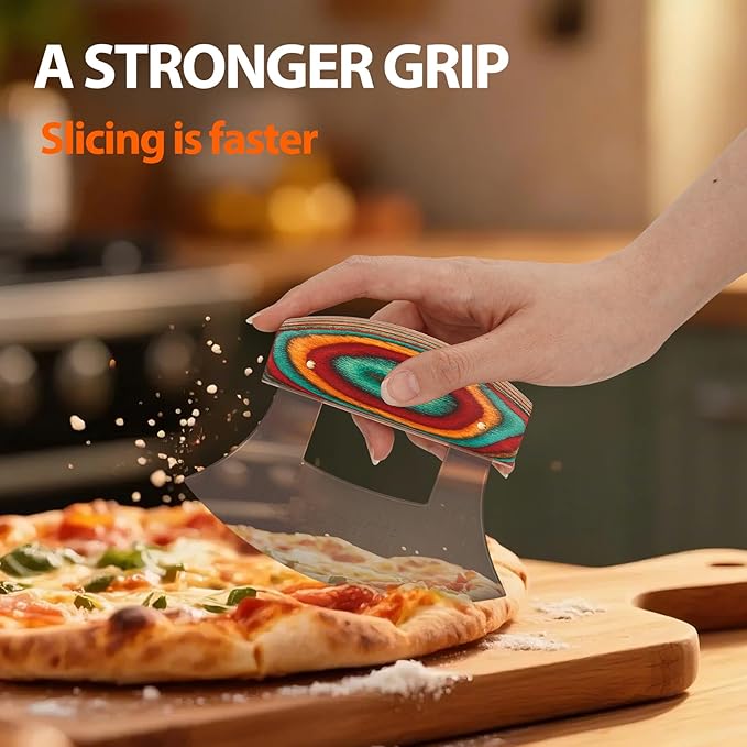 Pizza Cutter Rocker Knife, Sharp Ulu Knife with Wooden handle, Stainless Steel Blade Mincing Knives with Colored Wood Stand
