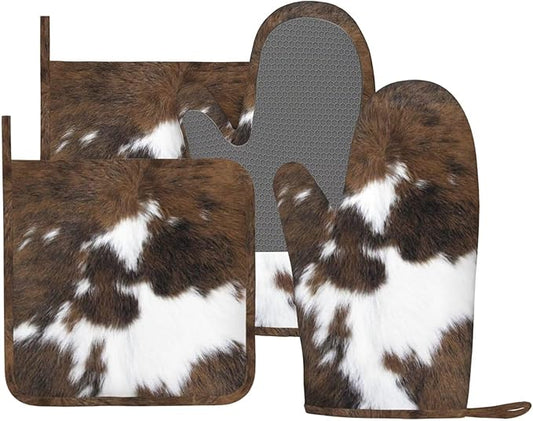 Cow Print Oven Mitts and Pot Holders Set of 4 Silicone Brown Cowhide Kitchen Mitten Gloves and Non-Slip Brown White Cow Print Potholders Set Heat Resistant Oven Gloves Hot Holders for BBQ