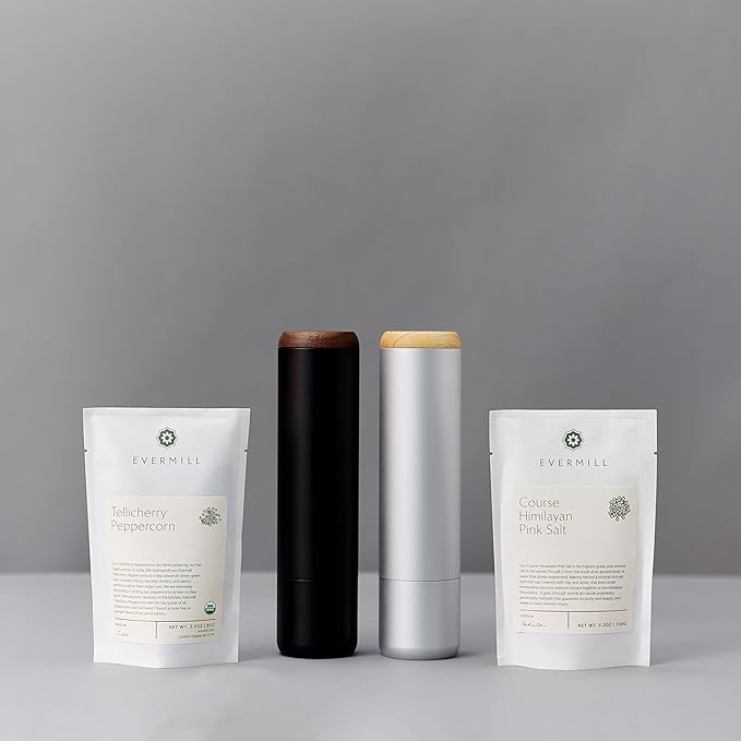 Evermill Premium Salt Mill with Coarse Himalayan Pink Salt, Anodized Aluminum Body, Wooden Cap, 26 Grind Settings, Manual Grinder (Silver)