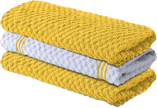 Infinitee Xclusives Premium Kitchen Towels – Pack of 3, 100% Cotton |15 x 25| Inches Absorbent Dish Towels - Terry Kitchen Dishcloth Towels - Yellow Dish Cloth for Household Cleaning