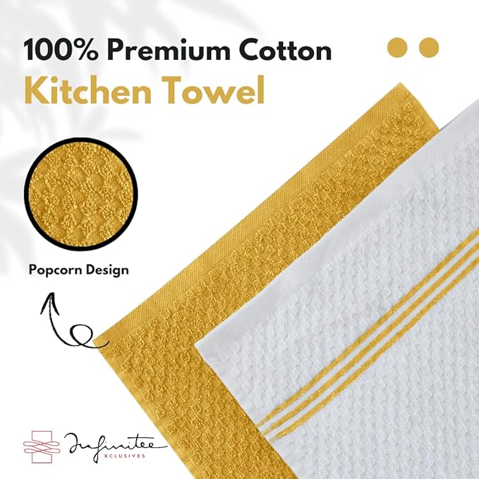 Infinitee Xclusives 100% Cotton Kitchen Towels - 15x25 Inch Ultra Soft Tea Towels, Super Absorbent Terry Dish Towel for Kitchen Linens |Radiant Yellow|