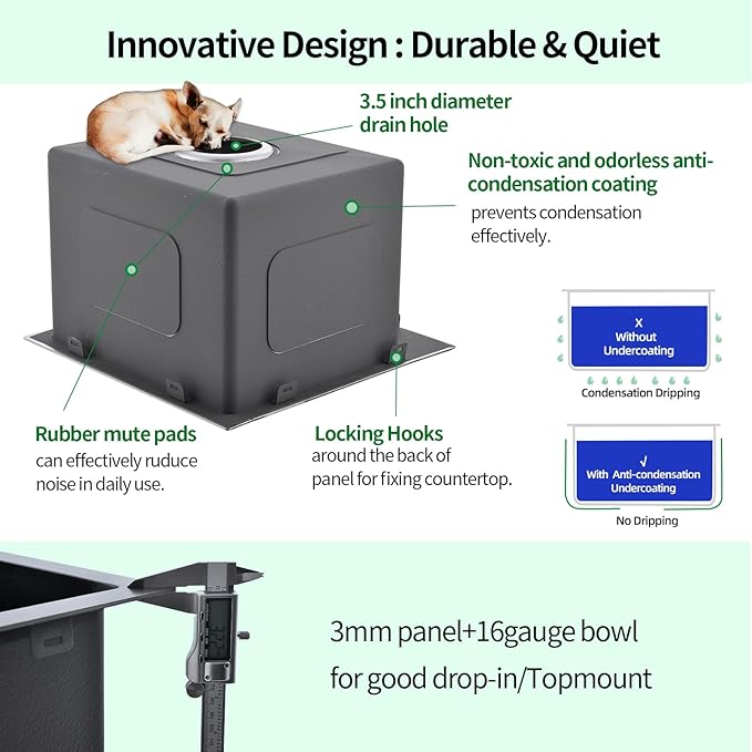 Drop In Kitchen Sink, 15 x 15 Inch Single Bowl Topmount Bar Prep Sink 16 Gauge T-304 Stainless Steel Gunmetal Black Kitchen Sinks