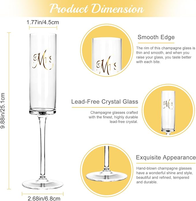 Topsky Mr & Mrs Crystal Champagne Flutes set of 2,Bride & Groom Toasting Glass,Modern & Elegant,Unique Gifts for Wedding, Anniversary,Engagement,Christmas, Birthday,7oz