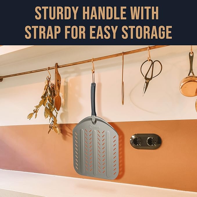 Q Pizza Aluminium Pizza Peel, 12 inch Perforated Metal Pizza Turning Paddle for Grill Oven, Kitchen Tool Non-stick Pizza Spatula for Baking Bread Pastry Dough Pie & Cake, PT201