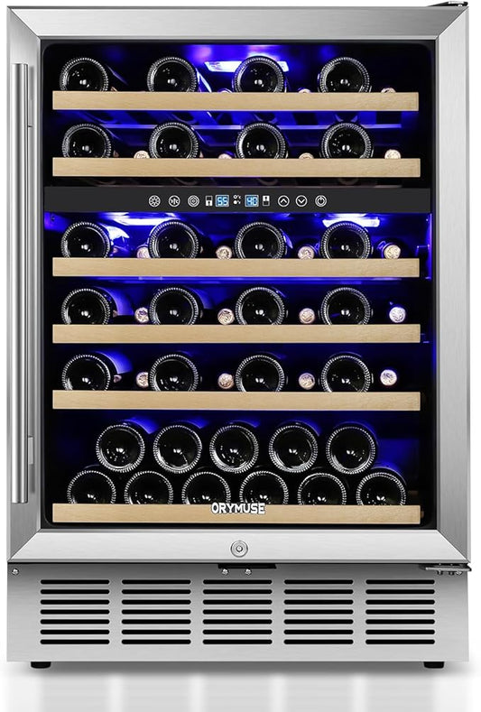 24 Inch Wine Cooler Refrigerator, 46 Bottle Dual Zone Wine Fridge with Stainless Steel Glass Door, Adjustable Shelves, Upgraded Compressor, Built-In Freestanding for Home, Bar, Kitchen