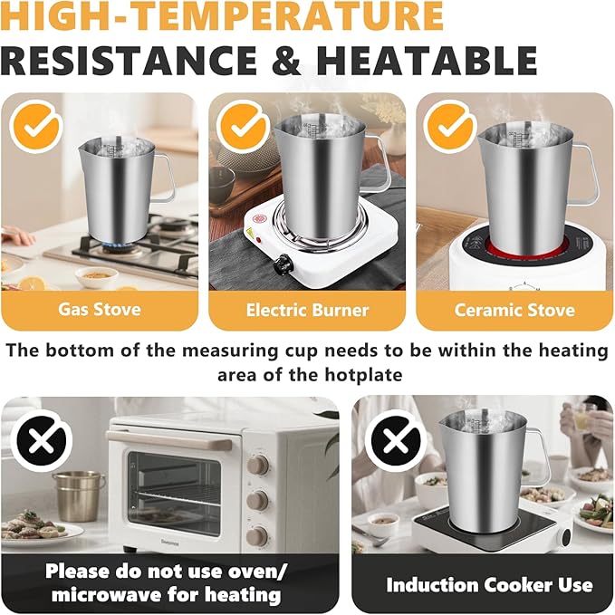 Stainless Steel Measuring Cup with Lid 2L 70 OZ, Large Mouth Graduated Beakers Metal Pitcher with Marking and Handle